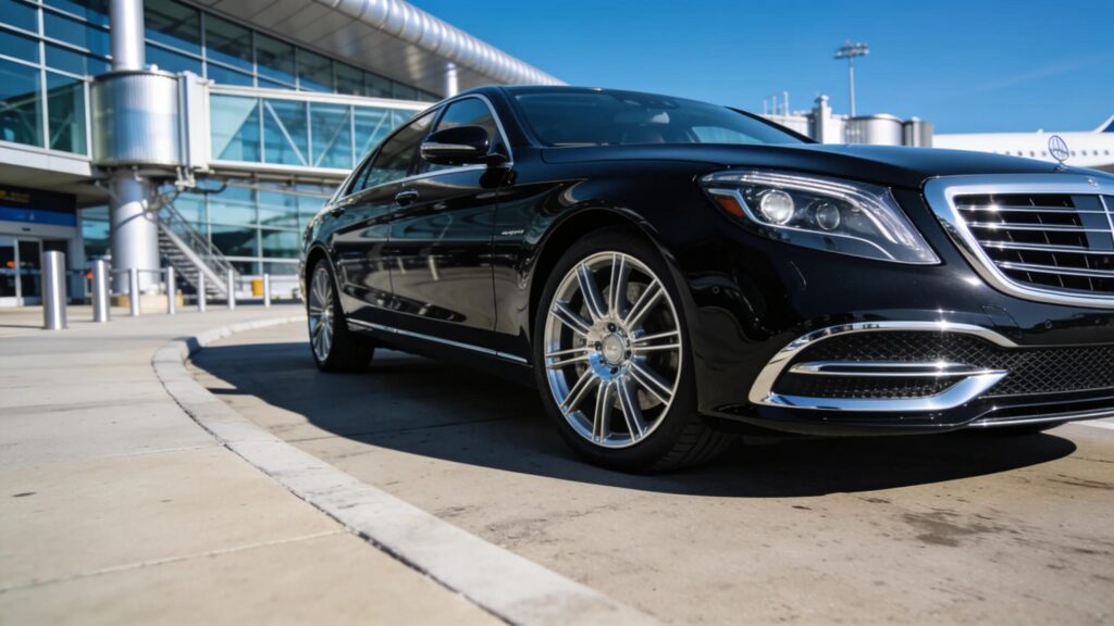 Premium luxury sedan parked at an airport, representing the best in chauffeur services